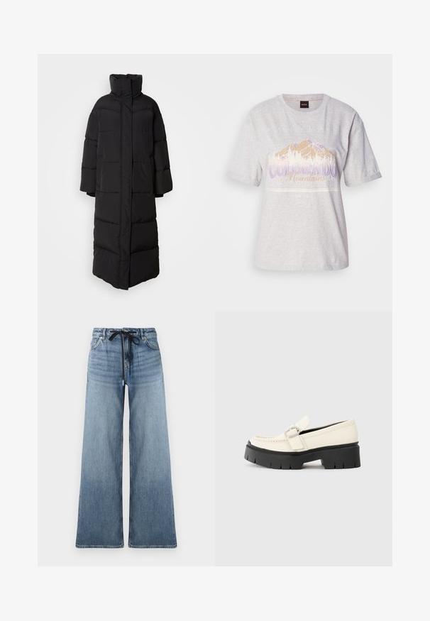 Abrigo acolchado largo y negro con un alto cuello, mangas anchas y secciones acolchadas verticales, que presenta un diseño frontal limpio y cerrado.; Camiseta de algodón gris claro con mangas cortas, que presenta un gráfico de montaña y texto en púrpura y beige. Cuello redondo, corte relajado.; Jeans de mezclilla de pierna ancha en azul claro con una textura desvanecida. Cuenta con una cintura ajustable con un cordón negro y bolsillos tradicionales.; Mocasines de piel blanca con suela de plataforma negra gruesa, que cuentan con una hebilla rectangular plateada y detalles de costura visibles en la parte superior.