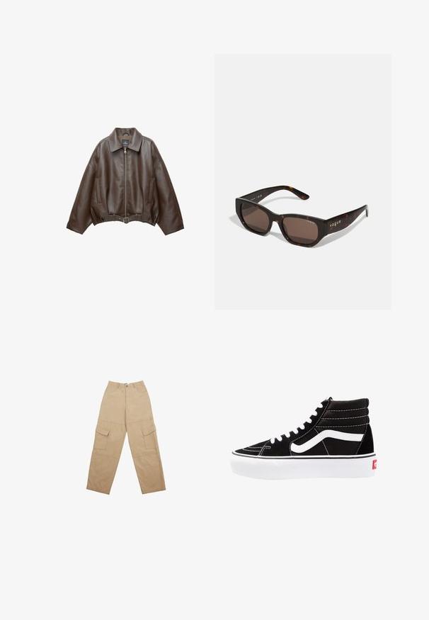 PULL&BEAR Kunstlederjacke - dark brown; Burgunderfarbener Strickcardigan mit tiefem V-Ausschnitt, drei großen Knöpfen und geripptem Muster, langen Ärmeln und cropped Design.; Langärmliges Hemd mit Knopfverschluss und einem hellrosa-weißen gestreiften Muster, das seitliche Raffung und verstellbare Bänder in der Taille aufweist.; Beige Cargo-Hosen aus Stoff, mit zwei frontalen Taschen und einem entspannten, weiten Schnitt. Der Bund verfügt über einen Knopf- und Reißverschluss.; Schwarze High-Top-Sneaker mit weißen Schnürsenkeln, einem weißen Logo und kontrastierendem weißen Nähten. Verfügt über eine dicke weiße Sohle und ein strukturiertes Wildleder-Obermaterial.; Schildpatt-Sonnenbrille mit rechteckigen braunen Gläsern. Glänzender Kunststoffrahmen mit goldfarbener "vogue"-Markierung an der Seite.; Weiche braune Hobo-Stil Handtasche mit einem einzigen breiten Trageriemen und einer geschwungenen Oberteilöffnung, auf einem weißen Hintergrund präsentiert.