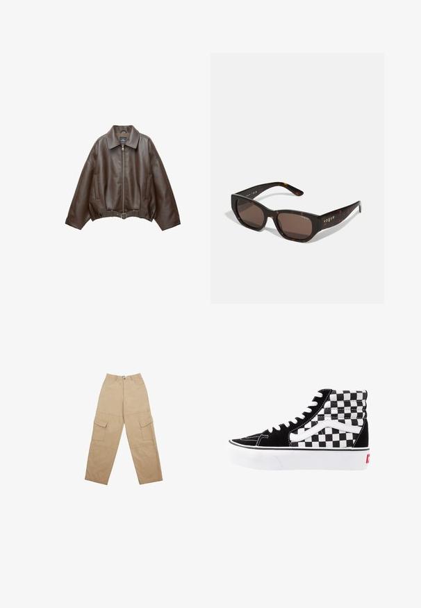 PULL&BEAR Bunda z umělé kůže - dark brown; Burgundský pletený cardigan s hlubokým V-výstřihem, třemi velkými knoflíky a ribbovaným vzorem, dlouhými rukávy a zkráceným střihem.; Košile s dlouhým rukávem, s popruhem a lehkým růžovým a bílým pruhovaným vzorem, s bočním nařasením a nastavitelnými pásky v pase.; Bežové cargo kalhoty vyrobené z látky, s dvěma předními kapsami a uvolněným, širokým střihem. Pas zahrnuje zapínání na knoflík a zip.; Černobílé vysoké tenisky s kockovaným vzorem, svršek ze semiše, kontrastní bílé tkaničky a bílá gumová podešev s červeným logem.; Želvovinové sluneční brýle s obdélníkovými hnědými skly. Lesklý plastový rám obsahuje zlaté logo "vogue" na boku.; Měkká hnědá kabelka ve stylu hobo s jedním širokým popruhem a zakřiveným horním otvorem, vystavená na bílém pozadí.