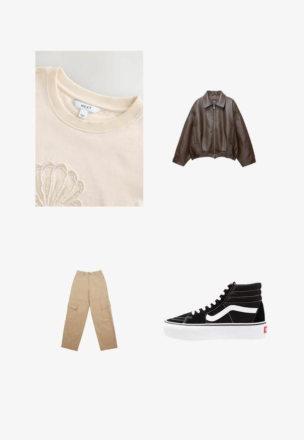 PULL&BEAR Imitatieleren jas - dark brown; Bordeaux gebreide cardigan met een diepe V-hals, drie grote knopen, ribbelstructuur, lange mouwen en een cropped ontwerp.; Crèmekleurige katoenen sweatshirt met een ribbelachtig ronde halslijn en ingewikkelde kraalwerk dat een schelpmotief op de voorkant vormt. Merklabel zichtbaar.; Beige cargobroek van stof, met twee voorzakken en een relaxte, wijde pasvorm. De tailleband is voorzien van een knoop- en ritssluiting.; Zwarte high-top sneakers met witte veters, een wit logo en contrasterende witte stiksels. Heeft een dikke witte zool en een bovenwerk van gestructureerd suede.
