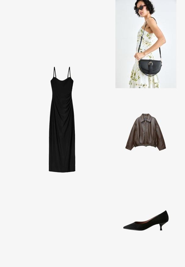 PULL&BEAR Bunda z umělé kůže - dark brown; Černé midi šaty s tenkými nastavitelnémi ramínky, s draped designem a hladkou texturou. Žádné viditelné vzory nebo ozdoby.; Černé semišové lodičky s špičatou špičkou, nízkým jehlovým podpatkem, hladkým povrchem a minimalistickým designem, vhodné pro formální nebo profesionální nošení.; Černá kožená kabelka s křivkovým tvarem, odnímatelným popruhem a zlatými detaily. Kabelka má klopu s přezkou.