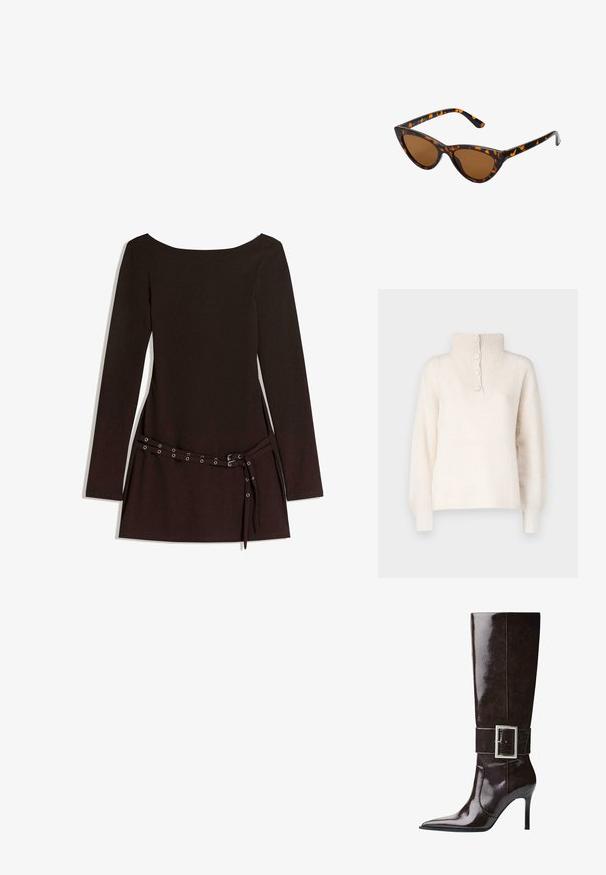 PULL&BEAR Jakna iz umetnega usnja - dark brown; JDY INGEBORG LIFE - Pulover - pumice stone; Bež top na halter z nabrano sprednjo stranjo, ki ima gladko teksturo in majhne kovinske dodatke vzdolž dekolteja. Zavezuje se na hrbtni strani.; Črna dolga obleka z dolgimi rokavi in širokim izrezom, ki ima pas z zaponko in kovinskimi očesci ter gladko teksturo blaga.; Temno rjava usnjena škornja do kolen z ostrim nosom, stileto peto in širokim trakom z velikim pravokotnim srebrnim sponko.; Mačje oči sončna očala z okvirom v črno-oranžni želvej ohišji, rjavimi lečami in elegantnimi, ostrimi konicami. Imajo minimalistični logo na ročaju.; Zlata torbica ima teksturirano blago z okroglimi kovinskimi pokrovi, trikotno logotipno ploščico in verižico z okroglimi kovinskimi grometi.