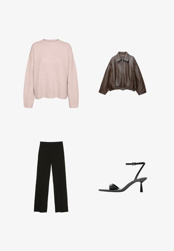 PULL&BEAR Keinonahkatakki - dark brown; Vaaleanpunainen, pitkähi袖n neulepaita, jossa on ribbivartaat, helma ja pyöreä päälaki, esillä valkoista taustaa vasten.; Mustat leveälahkeiset housut, jotka on valmistettu sileästä kankaasta. Niissä on istuva vyötärö ja hienovaraiset etupleatit, jotka lisäävät tekstuuria.; Bershka Korolliset sandaalit - black