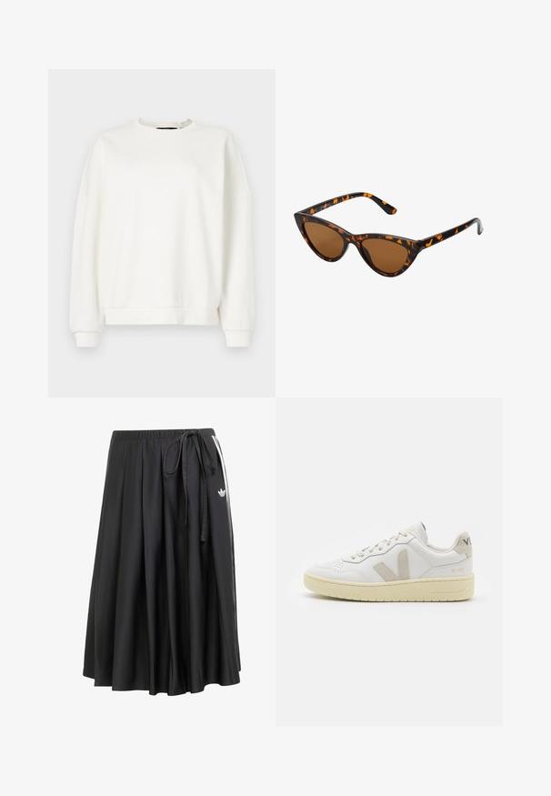 PULL&BEAR Bunda z umělé kůže - dark brown; Bílé mikina s kulatým výstřihem, spadlými rameny a elastickými manžetami, vyrobená z měkké, lehké tkaniny s hladkou strukturou.; Černá midi sukně s elastickým pasem, bočním uvazováním, bílými pruhy a logem Adidas trefoil na pravé straně.; Bílé kožené tenisky s béžovými semišovými akcenty, perforovanou špičkou, plochými tkaničkami a strukturovanou krémovou podešví. Obsahují jemné logo na patě.; Sluneční brýle ve stylu kočičích očí s černo-oranžovým želvovinovým rámem, hnědými skly a elegantními, špičatými konci. Obsahují minimalistické logo na straně.; Zlatá kabelka má texturovanou látku s kulatými kovovými nýty, trojúhelníkovou logo destičku a řetízkový popruh s kulatými kovovými očky.