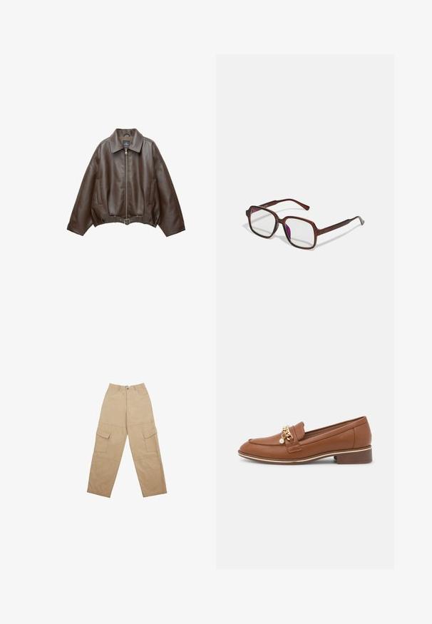 PULL&BEAR Kunstlederjacke - dark brown; Langärmliges Hemd mit Knopfverschluss und einem hellrosa-weißen gestreiften Muster, das seitliche Raffung und verstellbare Bänder in der Taille aufweist.; Beige Cargo-Hosen aus Stoff, mit zwei frontalen Taschen und einem entspannten, weiten Schnitt. Der Bund verfügt über einen Knopf- und Reißverschluss.; Brauner Lederloafer mit goldener Kettenakzent und Perlendetail. Mit abgerundeter Spitze und kleinem Blockabsatz. Glatte Textur und elegantes Design.; Braune, rechteckige Brille mit transparenten Gläsern und lila Tönungen. Glatter Kunststoffrahmen mit geraden Bügeln und dezenten Akzenten.; Weiche braune Hobo-Stil Handtasche mit einem einzigen breiten Trageriemen und einer geschwungenen Oberteilöffnung, auf einem weißen Hintergrund präsentiert.