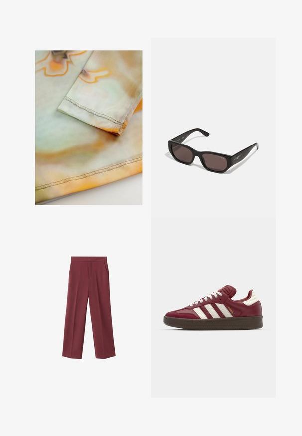 PULL&BEAR Jakna od umjetne kože - dark brown; Mekan plišani, lagani materijal s valovitim narančasto-zelenim uzorkom. Ima uredno šivenu ivicu duž ruba rukava.; Bordo široke hlače od glatkog materijala, s bočnim džepovima i visokim strukom. Krojene s urednim prednjim pregibom.; adidas Originals SAMBA XLG UNISEX - Tenisice - noble maroon/core white; Crna pravokutna sunčana naočala s tamnim lećama. Imaju glatki plastični okvir i detalj sa logom na sljepoočnici. Čist, moderan dizajn.