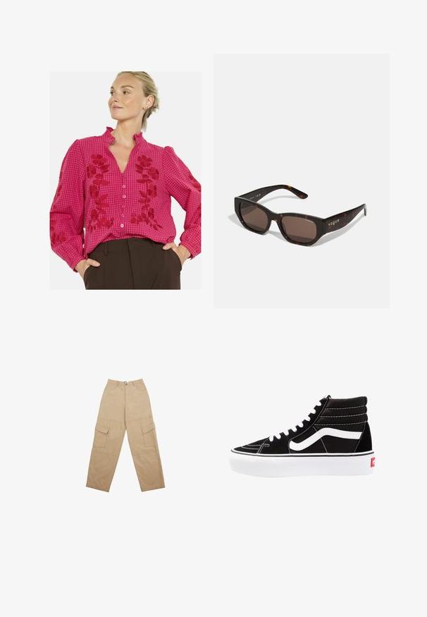 PULL&BEAR Kunstlederjacke - dark brown; Rosa Karobluse mit floralen Stickereien, Rüschkragen, langen Ärmeln und vorderen Knöpfen. Weicher Stoff mit kontrastierenden roten Akzenten.; Beige Cargo-Hosen aus Stoff, mit zwei frontalen Taschen und einem entspannten, weiten Schnitt. Der Bund verfügt über einen Knopf- und Reißverschluss.; Schwarze High-Top-Sneaker mit weißen Schnürsenkeln, einem weißen Logo und kontrastierendem weißen Nähten. Verfügt über eine dicke weiße Sohle und ein strukturiertes Wildleder-Obermaterial.; Schildpatt-Sonnenbrille mit rechteckigen braunen Gläsern. Glänzender Kunststoffrahmen mit goldfarbener "vogue"-Markierung an der Seite.; Weiche braune Hobo-Stil Handtasche mit einem einzigen breiten Trageriemen und einer geschwungenen Oberteilöffnung, auf einem weißen Hintergrund präsentiert.