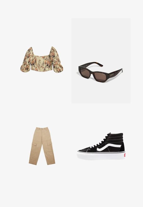 PULL&BEAR Imitatieleren jas - dark brown; Twist Blouse - white; Beige cargobroek van stof, met twee voorzakken en een relaxte, wijde pasvorm. De tailleband is voorzien van een knoop- en ritssluiting.; Zwarte high-top sneakers met witte veters, een wit logo en contrasterende witte stiksels. Heeft een dikke witte zool en een bovenwerk van gestructureerd suede.; Tortoiseshell zonnebril met rechthoekige bruine lenzen. Glanzend plastic frame met gouden "vogue" branding aan de zijkant.; Zachte bruine hobo-stijl handtas met een enkele brede schouderband en een gebogen opening aan de bovenkant, weergegeven op een witte achtergrond.