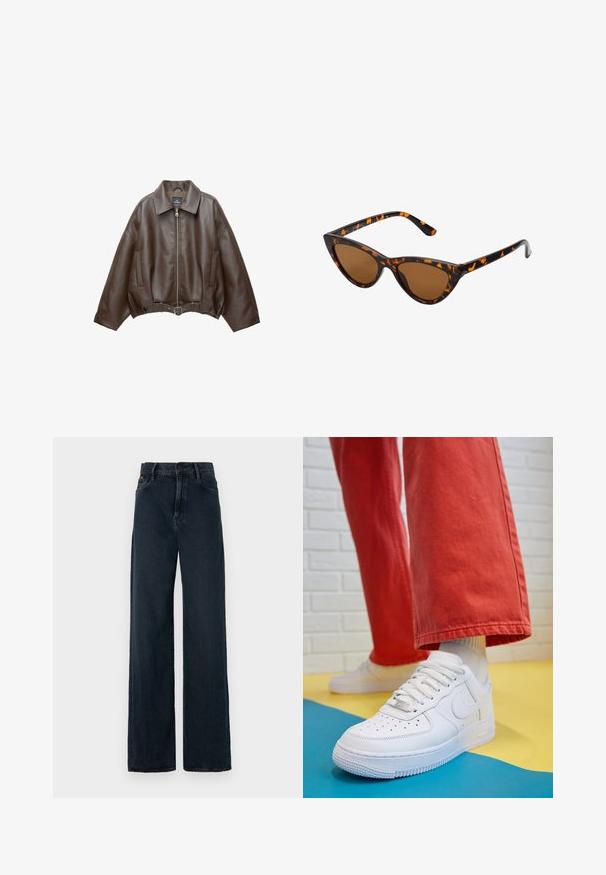 PULL&BEAR Jachetă din imitație de piele - dark brown; Top halter bej cu față drapată, având o textură netedă și accente metalice mici de-a lungul gâtului. Se leagă la spate.; Jeans wide-leg de culoare albastră închisă, din denim, cu talie înaltă, bucle pentru curea și buzunare frontale. Materialul are o textură netedă.; Tenis alb din piele cu fanta pe vârful piciorului, talpă texturată și șireturi albe, purtat cu pantaloni larga roșii și un fundal albastru și galben.; Ochelari de soare în stil cat-eye, cu o ramă din material cu tortoiseshell negru și portocalie, lentile maro și vârfuri elegante, ascuțite. Prezintă un logo minimal pe brățara ochelarilor.; Geanta de mână aurie are un material texturat cu studs metalici rotunzi, o placuță cu logo triunghiular și o curea din lanț cu eyelets metalice rotunde.