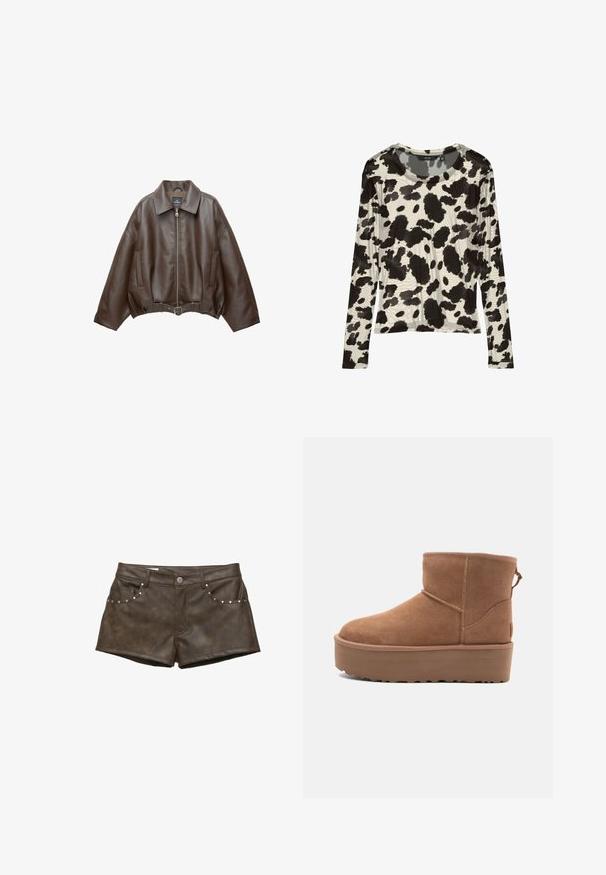 PULL&BEAR Imitatieleren jas - dark brown; Lange mouw top van lichtgewicht stof met een zwart-wit koeienprintpatroon, voorzien van een ronde halslijn en een ontspannen fit.; Bruine nepleren shorts met een gladde textuur, voorzien van zilveren studs op de voorkortes en een knoopsluiting.; Tan suède enkellaars met een platformzool, ronde neus en stiksels; heeft een trekband aan de achterkant voor gemakkelijke instap.