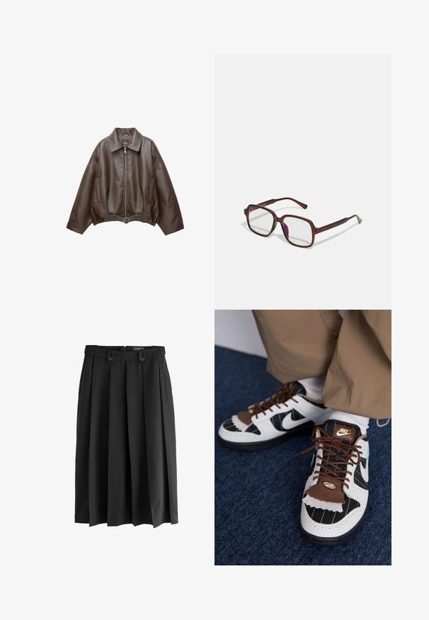 PULL&BEAR Imiteret læderjakke - dark brown; Brun strapless top lavet af ribbet stof. Glat tekstur med en tætsiddende form og rene kanter. Ingen synlige logoer eller mønstre.; Sort plisseret nederdel lavet af glat stof, der har en høj talje, to frontknapper og en flydende silhuet.; Nike sneakers med hvide, sorte og brune materialer. Har en tekstureret brun klaff, stribet design og traditionel snøring med guld accenter.; Brune, rektangulære briller med gennemsigtige linser og lilla nuancer. Glat plastisk stel med lige tempelstænger og diskrete detaljer.; Tre-lags halskæde med gyldne kæder, en sølvperlekæde og et centralt knudedetalje. Inkluderer en justerbar lås.