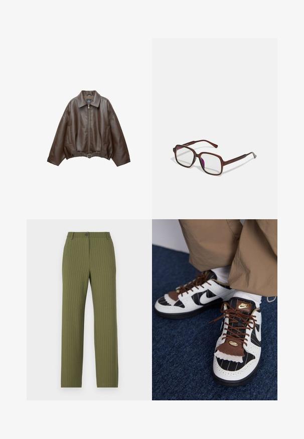 PULL&BEAR Bunda z nepravej kože - dark brown; Hnedý top bez ramienok vyrobený z brázdovej tkaniny. Hladká textúra s priliehavým strihom a čistými okrajmi. Žiadne viditeľné logá ani vzory.; Olivové nohavice s vertikálnymi bielymi prúžkami, so zapínaním na gombík, pútkami na opasok a rovného strihu. Hladká textúra látky.; Nike tenisky v bielej, čiernej a hnedej farbe. Obsahujú textúrovaný hnedý chlopňu, pruhovaný design a tradičné šnurovanie so zlatými akcentmi.; Hnedé, obdĺžnikové dioptrické okuliare s priehľadnými šošovkami a fialovými odtieňmi. Hladký plastový rám so zásadnými nožičkami a jemnými akcentmi.; Trojvrstvový náhrdelník s zlatými retiazkami, strieborným korálkovým pásom a centrálnym uzlovým detailom. Obsahuje nastaviteľný zámok.