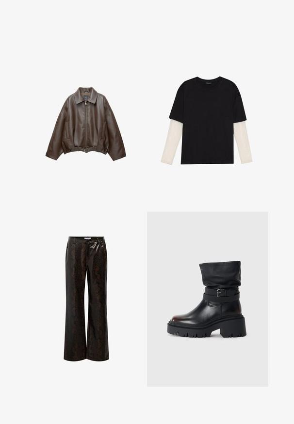 PULL&BEAR Imitatieleren jas - dark brown; Zwarte T-shirt van katoen, met korte mouwen over een witte lange mouw laag met een subtiel textuurpatroon. Ronde hals ontwerp.; Bruine slangenprint wijde broek gemaakt van glanzend materiaal, met een hoge taille, zijzakken en een gladde textuur.; Zwarte leren enkelboot met een slappe schacht, gespsluiting en een dikke, robuuste zool. Beschikt over een ronde neus en een gladde textuur.