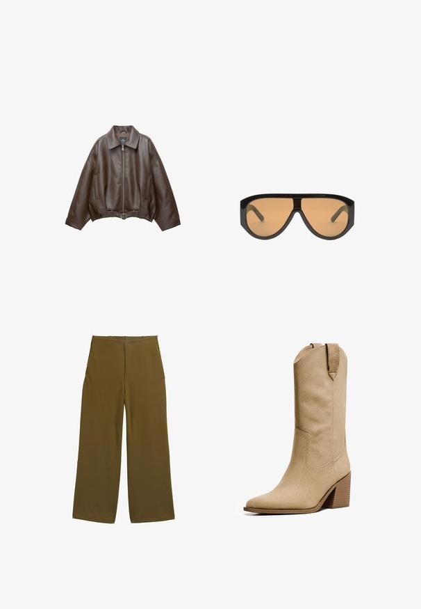 PULL&BEAR Jakna iz umetnega usnja - dark brown; Bela kratka majica s kratkimi rokavi iz bombaža. Ima okroglo izrezovanje in sproščen kroj. Gladka tekstura brez vidnih vzorcev ali poudarkov.; Široke hlače v olivno zeleni tkanini, ki imajo gladko teksturo in brez vidnih zapenjanj. Oblikovane za sproščen kroj s čistimi linijami.; Bershka HIGH-HEEL - Škornji v kavbojskem/motorističnem slogu - beige; Črne oversize sončna očala s svetlobno rjavo lečo, ki imajo široke, angularne okvirje in ravne ročke. Gladka, sijajna površina, minimalno stikalo.