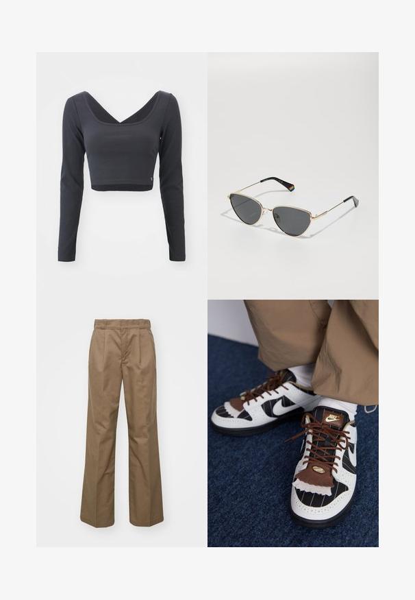 PULL&BEAR Giacca in similpelle - dark brown; Top cropped a maniche lunghe in maglia a coste grigia scura. Presenta una scollatura a V profonda e un colore uniforme con un piccolo logo sull'orlo.; Pantaloni marroni a gamba larga realizzati in un tessuto robusto. Presentano pince davanti, una superficie liscia e un design della vita classico.; Sneakers Nike con materiali bianchi, neri e marroni. Presentano un risvolto marrone testurizzato, un design a righe e una tradizionale chiusura con lacci accentuati da dettagli dorati.; Occhiali da sole con montatura in metallo dorato e lenti scure, forma a occhio di gatto, e aste nere con un accento arcobaleno su un lato.; T-shirt bianco in cotone con logo arancione, accompagnato da una collana in argento con maglie intrecciate, presentato su uno sfondo neutro.