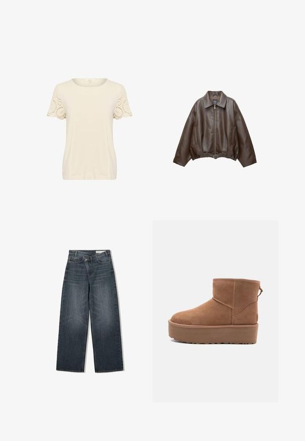 PULL&BEAR Kunstlederjacke - dark brown; Cremefarbendes T-Shirt mit rundem Halsausschnitt und kurzen Ärmeln. Die Ärmel weisen filigrane Spitzenverzierungen auf. Weicher, glatter Stoff und lockere Passform.; Dunkel waschjeans mit weitem Bein, hoher Taille, fünf Taschen und dezenten Abnutzungen an der Vorderseite.; Beige Wildleder-Ankle-Boot mit Plateausohle, abgerundetem Zehenbereich und abgesteppten Akzenten; verfügt über eine Zuglasche hinten für einfaches An- und Ausziehen.