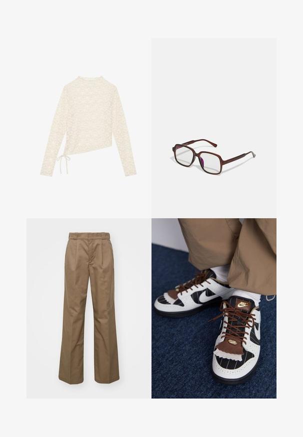 PULL&BEAR Kunstlederjacke - dark brown; Cremfarbener Langarm-Top mit floralem Spitzenmuster, hohem Kragen und seitlichem Bindedetail für eine anpassbare Passform. Weicher Stoff und leichtes Material.; Braune, weit geschnittene Hosen aus robuster Stoffqualität. Mit vorderen Falten, einer glatten Textur und einem klassischen Bunddesign.; Nike-Sneaker aus weißen, schwarzen und braunen Materialien. Enthält eine strukturierte braune Klappe, ein gestreiftes Design und traditionelle Schnürsenkel mit goldenen Akzenten.; Braune, rechteckige Brille mit transparenten Gläsern und lila Tönungen. Glatter Kunststoffrahmen mit geraden Bügeln und dezenten Akzenten.; Dreizügige Halskette mit goldenen Ketten, einer silbernen Perlenreihe und einem zentralen Knoten-Detail. Mit verstellbarem Verschluss.