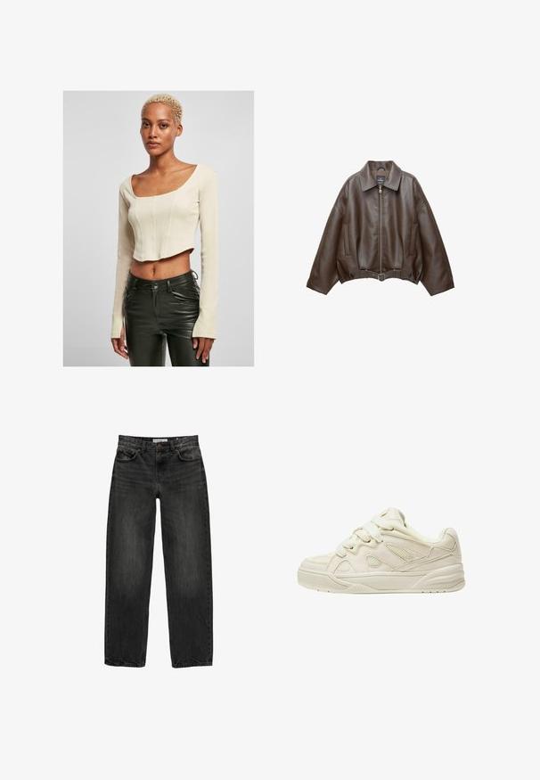 PULL&BEAR Műbőr dzseki - dark brown; Rövidített, hosszú ujjú top világosbézs bordás anyagból, négyzet alakú dekoltázzsal és testhez simuló fazonnal. Fekete bőrnadrággal párosítva.; Fekete farmernadrág laza szabással, egyenes szárakkal, öt zsebes dizájnnal és enyhén elhalványult textúrával. Elöl gombos és cipzáras záródás.; Beige sportcipők texturált felsőrészsel, kiemelkedő fűzőkkel, hálós panelek felfogott felsőrészen és vastag talppal. Ívelt dizájn párnázott bokarésszel a kényelem érdekében.