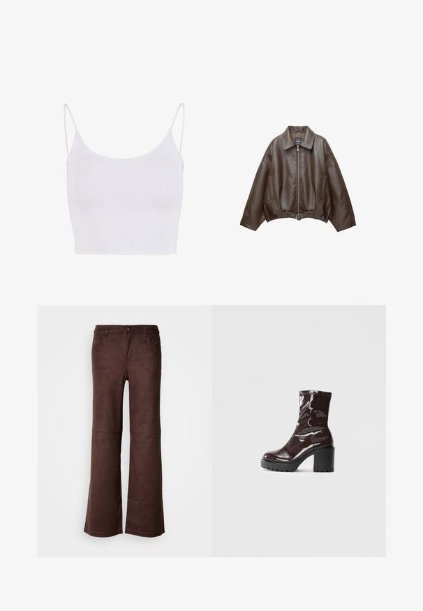 PULL&BEAR Jacka i konstläder - dark brown; Vit linne med tunna justerbara spännen, en figursydd design och en mjuk, stretchig textur utan några mönster eller utsmyckningar.; Bruna utsvängda byxor i ett mjukt, mockaliknande material. Har fyra fickor, ett knappstängning och en slät, strukturerad yta.; Glansig bordeauxfärgad ankelsko med en kraftig svart klack, som har en slät yta och enkel design. Inga synliga stängningar eller mönster.