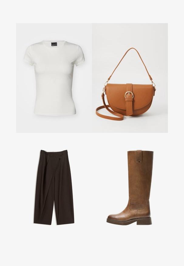 PULL&BEAR Giacca in similpelle - dark brown; T-shirt bianca a maniche corte realizzata in cotone. Presenta un classico colletto tondo e un design aderente con una superficie liscia. Etichetta del marchio visibile.; Pantaloni a gamba larga marrone scuro con vita alta, dotati di una chiusura con bottone singolo e una parte anteriore plissettata. Realizzati in tessuto leggero.; Stivale marrone in pelle alto fino al ginocchio, con punta tonda, superficie testurizzata e tacco basso impilato. Presenta un pannello laterale e una linguetta di apertura in cima.; Borsa a tracolla in pelle marrone con forma curvata, hardware dorato e un dettaglio con fibbia. Presenta una tracolla rimovibile.