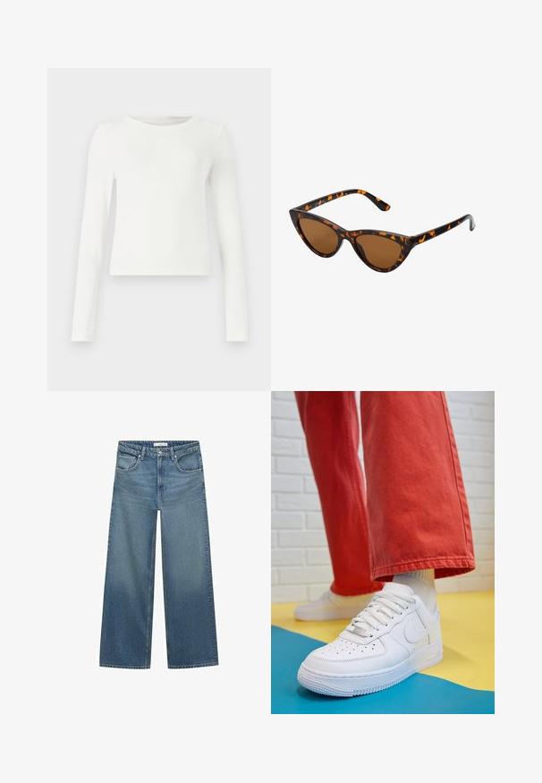 PULL&BEAR Kunstlederjacke - dark brown; Weißes Langarmshirt mit Rippstruktur und Rundhalsausschnitt. Glatte Textur, figurbetonter Schnitt und keine sichtbaren Muster oder Akzente. Schlichter und minimalistischer Stil.; Helleblaue weit geschnittene Jeans aus Denim mit mittelhoher Taille, zwei Fronttaschen und klassischen Nähten.; Weiße Leder-Sneaker mit perforiertem Zehenbereich, strukturiertem Sohlen und weißen Schnürsenkeln, kombiniert mit weiten roten Hosen und einem blauen und gelben Hintergrund.; Katzenaugen-Sonnenbrille mit einem schwarz-orangenen Schildpattrahmen, braunen Gläsern und schlanken, spitzen Enden. Verfügt über ein minimalistisches Logo am Bügel.; Die goldene Handtasche verfügt über einen strukturierten Stoff mit runden, metallischen Nieten, einem dreieckigen Logoschild und einem Kettenriemen mit runden Metallösen.