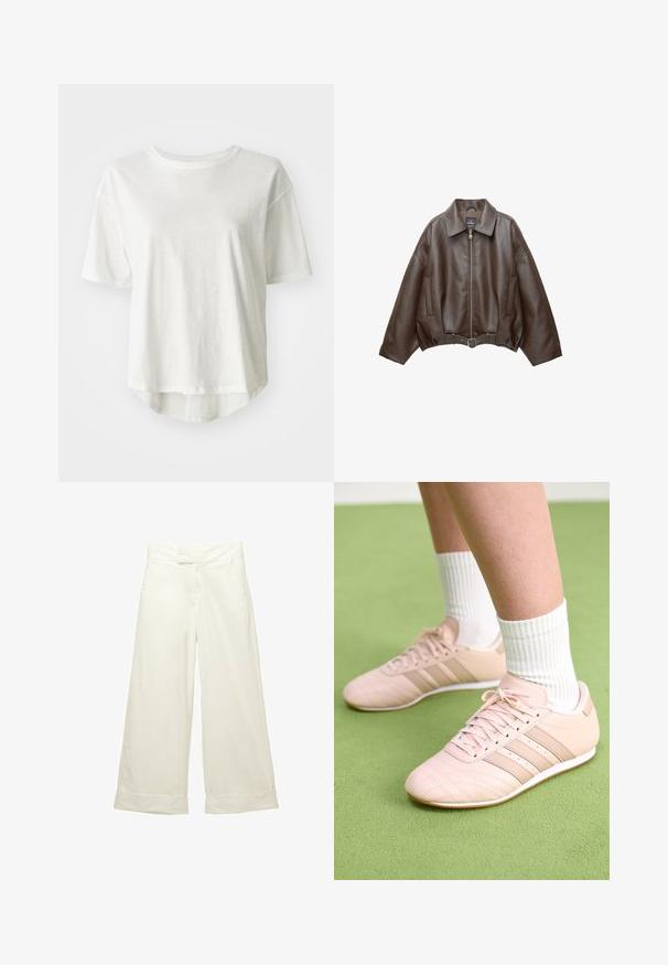 PULL&BEAR Bunda z umělé kůže - dark brown; Bílý krátkosrstý tričko s kolečkovým výstřihem, lehký materiál, mírně delší zadní lem, hladká textura s jemným leskem.; Široké kalhoty z jemné krémové látky. Mají plochý pas a ohrnuté manžety. Hladký povrch s čistým, minimalistickým designem.; Svetle růžové sportovní boty s diagonálním švem, bílou podrážkou a třemi bočními pruhy. Nosené s bílými žebrovanými ponožkami na zeleném povrchu.