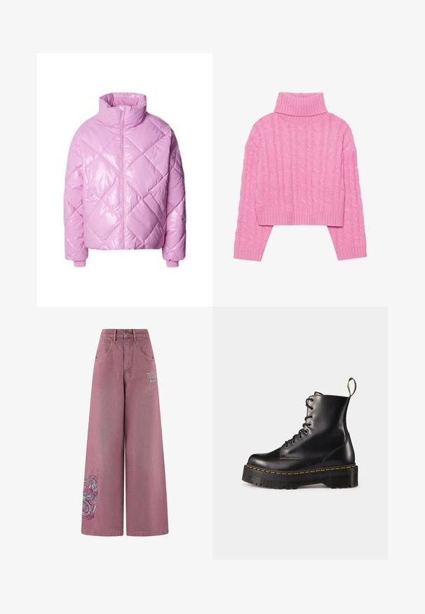 Rosa quiltad puffjacka med blank yta, hög krage och framdraget blixtlås. Har diamanformad sömnad och elastiska muddar.; Cropad rosa polotröja i texturerad kabelstickning, med ribbad krage och ärmslut, långa ärmar och en åtsittande fåll.; Rosa vida byxor med hög midja, med framfickor och en drakdesign på vänster ben. Tillverkad av denimtyg.; Svarta läder snörade anklar med en kraftig svart sula och gul söm. Har en dragflik baktill och runda metallöglor.