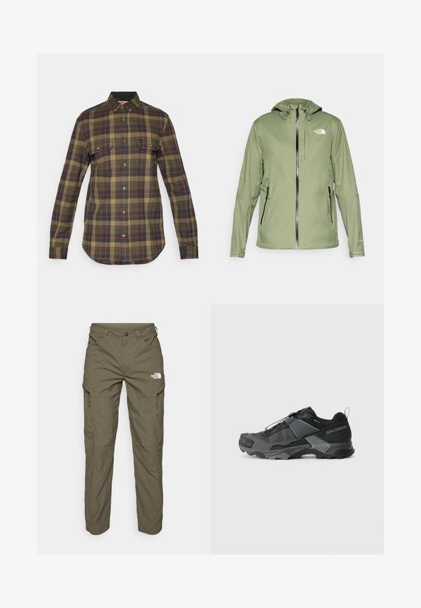 Kerge roheline veekindel jakk kapuutsiga, lukuga ja kahe küljetaskuga. Omab peegeldavaid aktsente ja logo rinnal.; Roheline ja tumesinine ruuduline flanellpaita, millel on pikad varrukad, nööbivaatse esiosa, kaks rinnaesist taskut ja kaarjas alläär. Muster sisaldab punaseid detaile.; Oliiviroheline välispüksid, mis on valmistatud kergest kangast, lisaks on neil kaubanduslikud taskud, tõmblukkude detailid ja logo reie ülaosas.; Musta matkajooksuking, millel on vastupidav sissetõmmatav mesh-ülemine osa, tugevdatud varbavarras, tekstureeritud kummitald ja elastne sidumisüsteem kindla sobivuse tagamiseks.