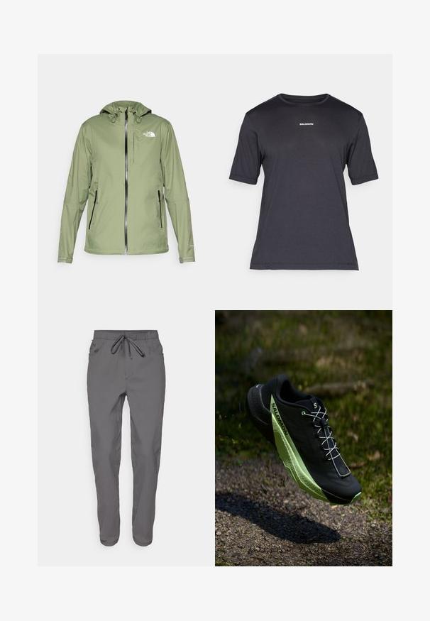 Lahka zelena vodoodporna jakna s kapuco, z zadrgo in dvema stranskima žepoma. Ima odsevne detajle in logo na prsih.; Črna kratkosrajčna performančna majica iz dihalnega blaga, s krožno izrezom in majhnim belim logotipom "SALOMON" na prsih.; Sive lahke hlače z elastičnim pasom in nastavljivo vrvico. Imajo dve stranski žepi in zasnovo s taperiranim nogama.; Črne tekaške čevlje z teksturirano površino in zelenimi poudarki. Imajo lahko zasnovo in edinstven, patterned podplat za oporo.