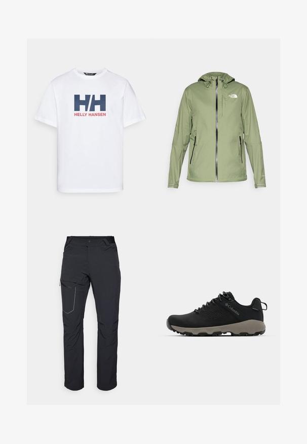 Ελαφριά πράσινη αδιάβροχη ζακέτα με κουκούλα, φερμουάρ και δύο πλαϊνές τσέπες. Διαθέτει ανακλαστικά στοιχεία και λογότυπο στο στήθος.; Λευκό βαμβακερό T-shirt με μπλε και κόκκινο γραφικό που περιλαμβάνει το "H/H" και το κείμενο "HELLY HANSEN". Κλασικό στρογγυλό λαιμό και κοντά μανίκια.; Μαύρο παντελόνι εξωτερικού χώρου με τσέπη μηρού με φερμουάρ, ελαστική μέση και λείο, αδιάβροχο ύφασμα. Καθαρός σχεδιασμός χωρίς ορατά λογότυπα.; Μαύρο ορειβατικό παπούτσι με λείο επάνω μέρος, διάτρητο σχέδιο, γκρι σόλα και ενισχυμένη φτέρνα. Διαθέτει κορδόνια και κρίκο για εύκολη φόρμα.
