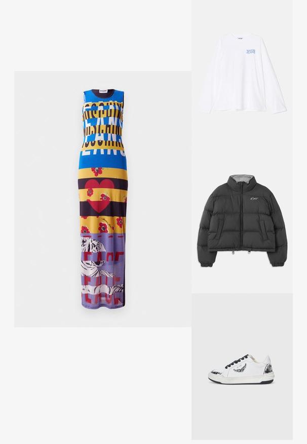 Melnā saīsinātā pūkaini jakā ar augstu apkakli, priekšējo rāvējslēdzēju, sānu kabatām, elastīgām piedurknēm un baltu izšūtu parakstu uz kreisās krūtis.; Maxi kleita ar daudzkrāsainu dizainu, kas satur izteiksmīgus tekstus, ziedu rakstus un tīģera grafiku. Izgatavota no viegla auduma ar pieguļošu siluetu.; Balta garām piedurknēm T-kreklā no kokvilnas ar apaļu izgriezumu. Uz kreisā krūšu apgabala ir gaiši zila "MOSCHINO JEANS" logo.; Bieli sporta apavi ar melniem akcentiem, ar teksturētu dizainu sānos, melnām auklām un gumijas zoli. Logo un mākslas darbs augšdaļā.