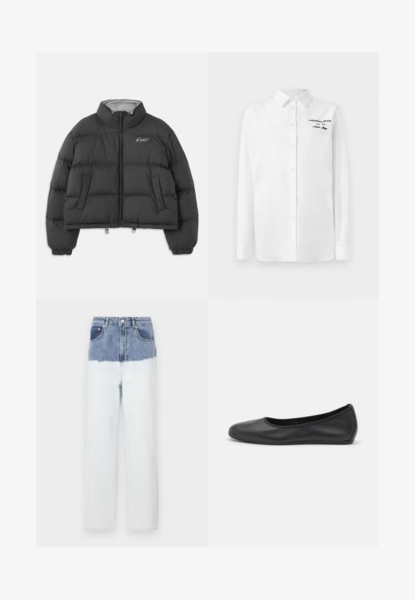 Must must arstme puffer jope kõrge kaelusega, ees lukuga, küljetaskutega, elastsete mansettidega ja valge tikandiga allkirjaga vasakul rinnal.; Valge pika varrukaga särk nööbiga, millel on krae ja must tikandiga tekst "Moschino Jeans" vasakul ülal rinnas.; Teksasest sünteetilisest kiust teksad, mille ülaosas on sinine toon, mis fading'ib heledamaks allosas. Omab viit taskut, nööbiga sulgemist ja sirget säärte disaini.; Musthave mustika tantsutossud mustast nahast, ümmarguse varbaga, siledast tekstuurist, minimaalse õmblusdetailiga ja paindliku tallakujundusega.