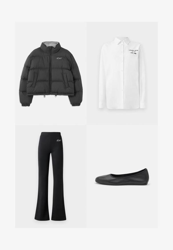 Melnā saīsinātā pūkaini jakā ar augstu apkakli, priekšējo rāvējslēdzēju, sānu kabatām, elastīgām piedurknēm un baltu izšūtu parakstu uz kreisās krūtis.; Balta garām piedurknēm pogājamā krekla ar apkakli un melnu izšuvumu "Moschino Jeans" augšējā kreisajā krūtī.; Melnas flared bikses, izgatavotas no gludas auduma. Iekļauj elastīgu jostasvietu un mazu baltu logotipu gurnā. Vienkāršs dizains, bez redzamām raksturām.; Melna ādas baleta kurpe ar noapaļotu purngalu, gludu tekstūru, minimālu šuvju detalizāciju un elastīgu zoles dizainu.