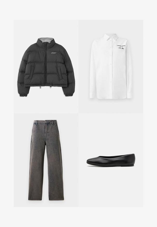 Mustavärinen lyhennetty puhvijakku, jossa on korkea kaulus, etuvetoketju, sivutaskut, joustavat hihansuut ja valkoinen kirjailtu allekirjoitus vasemmassa rinnassa.; Valkoinen pitkähihainen napillinen paita, jossa on kaulus ja musta brodeerattu teksti "Moschino Jeans" vasemmassa ylärinnassa.; Lepat lahke hlače v bledi sivi tkanini, z zapenjanjem na gumb, zankami za pas in stranskimi žepi z subtilno teksturo.; Paul Smith TOPANGA - Ballerinat - black