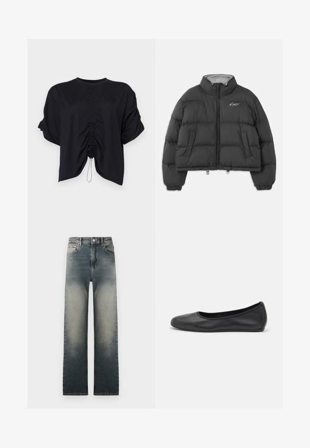 Juoda trumpa pūkinė striukė su aukštu apykakle, priekiniais užtrauktukais, šoniniais kišenėmis, guminiu rankogaliu ir balta siuvinėta parašu kairėje krūtinės pusėje.; Juodas trumpas viršus, pagamintas iš minkštos medžiagos, su apvalia iškirpte, trumpomis rankovėmis ir surinkta detalė priekyje su raišteliu.; Balta dryžuota maikutė su apvaliu iškirpimu, priekyje su juodu spausdintu logotipu, kuriame parašyta "MOSCHINO JEANS".; Aukštos juosmeniu tiesaus kirpimo džinsai su išblukusia šviesia ir tamsiai mėlyna džinsų skalbimo spalva bei klasikinio penkių kišenių dizainu.; Juodai odiniai baletai su apvaliu pirštu, lygi texture, minimalus siuvimo detales ir lanksčiu padų dizainu.