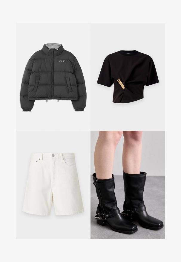 Veste matelassée noire courte avec col montant, fermeture éclair à l'avant, poches latérales, poignets élastiques et signature brodée blanche sur la poitrine gauche.; T-shirt noir court à manches courtes, avec un design torsadé et un embellissement en forme de pince à linge jaune sur le devant.; Shorts en denim blanc avec une coupe droite, un design à cinq poches, une fermeture à bouton à l'avant, des détails en métal argenté et des coutures décoratives.; Bottes noires en cuir, montant jusqu'au genou, avec un bout carré, fermeture éclair sur le côté et sangle ajustable avec un accent en chaîne métallique. Fini mat et semelle robuste.