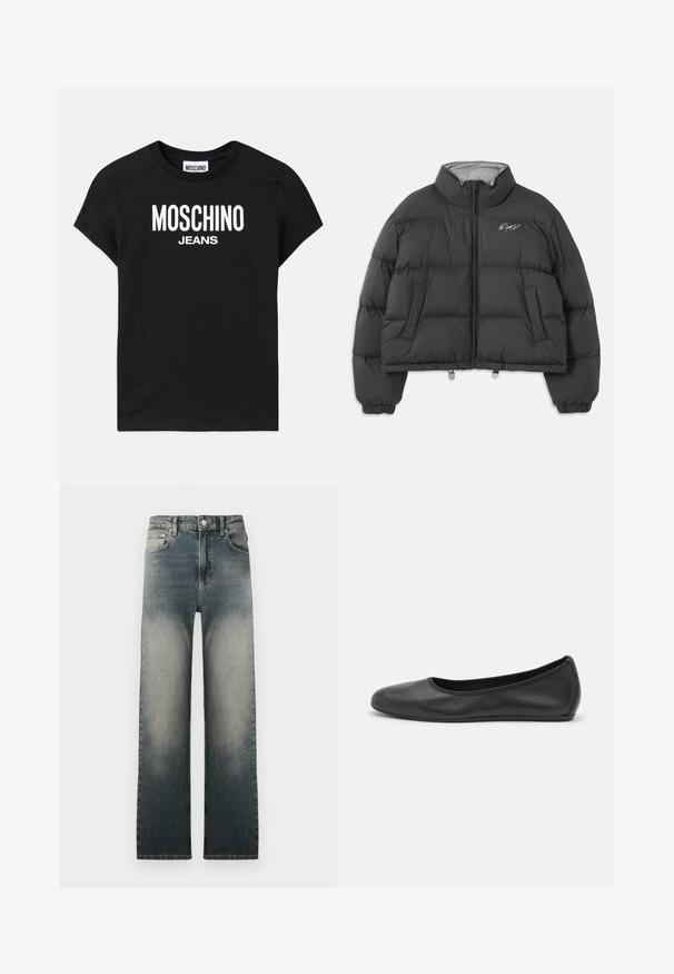 Mustavärinen lyhennetty puhvijakku, jossa on korkea kaulus, etuvetoketju, sivutaskut, joustavat hihansuut ja valkoinen kirjailtu allekirjoitus vasemmassa rinnassa.; Musta puuvillainen t-paita lyhyillä hihoilla, jossa valkoinen "MOSCHINO" ja "JEANS" -teksti paksulla fontilla. Klassinen pyöreä kaula-aukko ja sileä rakenne.; Valkoinen pitkähihainen napillinen paita, jossa on kaulus ja musta brodeerattu teksti "Moschino Jeans" vasemmassa ylärinnassa.; Korkeavyötäröiset suorat farkut, joissa on haalistunut vaalea ja tumma denimpesu sekä klassinen viisi taskun muotoilu.; Musta nahkainen ballerina, jossa on pyöristetty kärki, sileä pinta, minimaalinen ommelkoristelu ja joustava pohjamuotoilu.