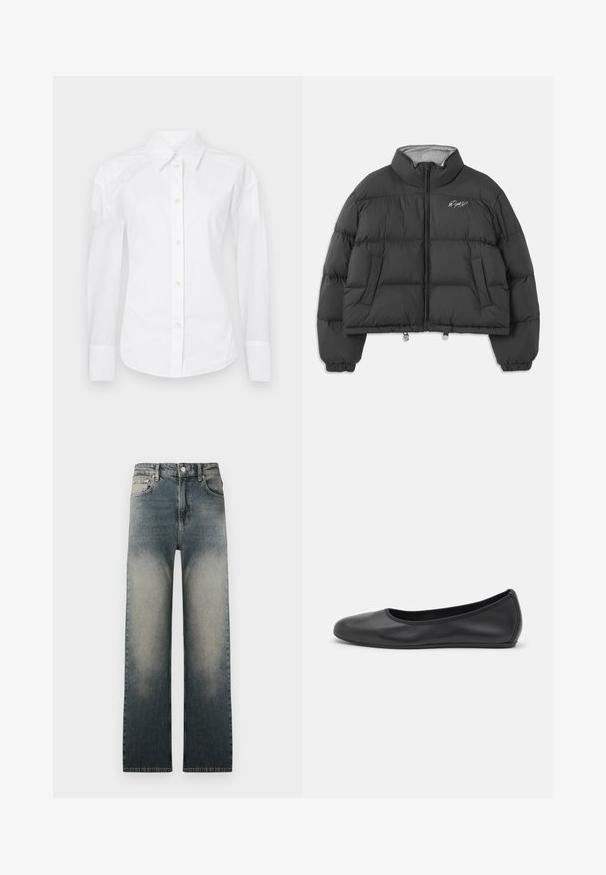 Black cropped puffer jacket with high collar, front zipper, side pockets, elastic cuffs, and white embroidered signature on left chest.; White button-up shirt made of cotton. Features a classic collar, long sleeves, and standard button placket with beige buttons. Smooth texture.; High-waist straight-leg jeans with faded light and dark denim wash and classic five-pocket design.; Black leather ballet flat with a rounded toe, smooth texture, minimal stitching detail, and a flexible sole design.