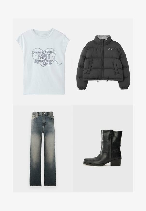 Sort cropped puffer jakke med høj krave, frontlynlås, sidelommer, elastiske manchetter og hvidt broderet logo på venstre bryst.; Lyseblå bomuld t-shirt med korte ærmer, prydet med en hjerte-grafik og metalisk tekst: "NOGEN I PARIS ELSKER MIG."; Hvid langærmet skjorte med knaplukning og krave samt sort broderet tekst "Moschino Jeans" på øverste venstre bryst.; Højtaljede lige jeans med (faded) lys og mørk denimvask samt klassisk fem-lomme design.; Sort læder ankelstøvle med rundt tå, blokhæl, lynlås i siden og stikninger på vampsiden. Glat tekstur, klassisk design.
