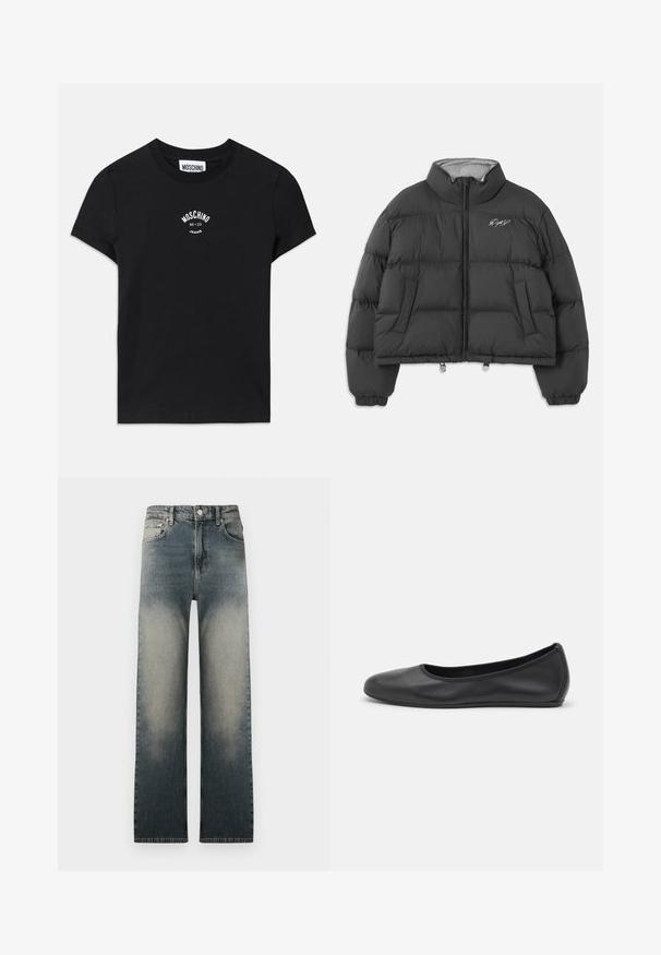 Černá zkrácená péřová bunda s vysokým límcem, předním zipem, bočními kapsami, elastickými manžetami a bílým vyšitým logem na levé hrudi.; Černé bavlněné tričko s krátkým rukávem. Uprostřed hrudi se nachází bílé logo s potiskem „MOSCHINO Jeans 86-23“. Jednoduchý design.; Bílá košile s dlouhým rukávem, s límečkem a černým výšivkovým nápisem "Moschino Jeans" na levé horní části hrudi.; Džínsy s vysokým pasem a rovnými nohavicemi se světlým a tmavým denimovým ombré a klasickým pětipocket designem.; Černé kožené baletní byty s kulatou špičkou, hladkou texturou, minimálními švy a flexibilním designem podrážky.