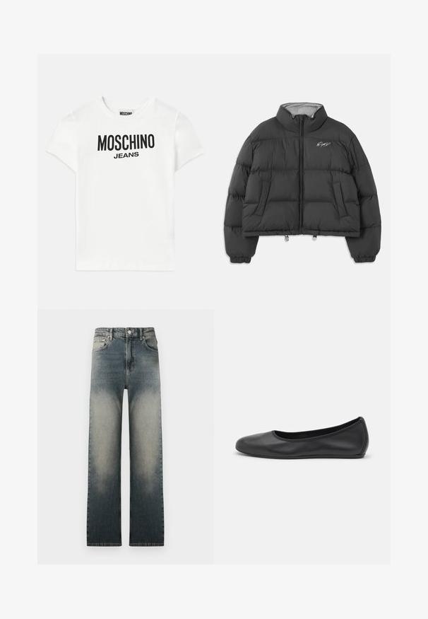 Black cropped puffer jacket with high collar, front zipper, side pockets, elastic cuffs, and white embroidered signature on left chest.; White cotton t-shirt with short sleeves. Features black printed text "MOSCHINO JEANS" across the front, crew neckline, and standard fit.; White long-sleeve button-up shirt with collar and black embroidered text "Moschino Jeans" on the upper left chest.; High-waist straight-leg jeans with faded light and dark denim wash and classic five-pocket design.; Black leather ballet flat with a rounded toe, smooth texture, minimal stitching detail, and a flexible sole design.