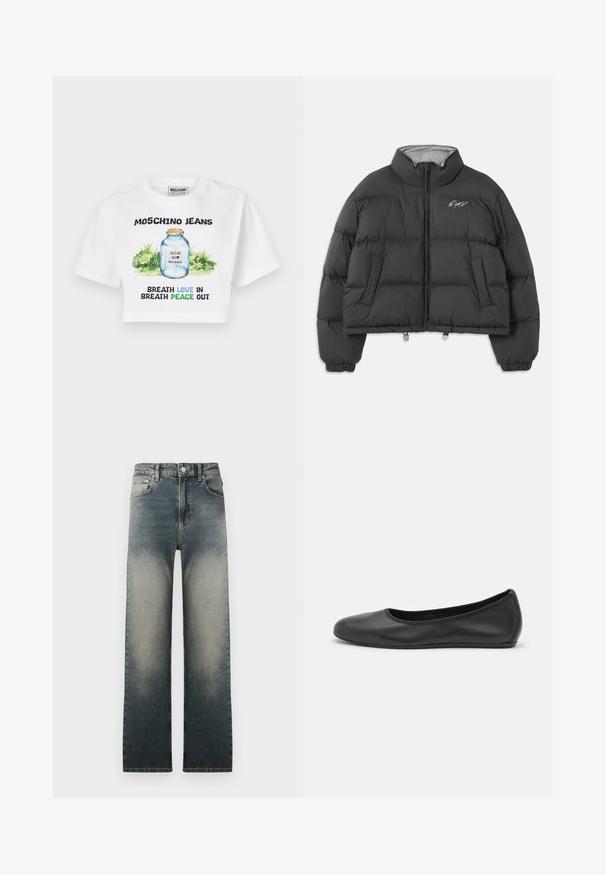Černá zkrácená péřová bunda s vysokým límcem, předním zipem, bočními kapsami, elastickými manžetami a bílým vyšitým logem na levé hrudi.; Bílý zkrácený tričko se grafickým motivem skleněné nádoby s zeleným listím. Černý a modrý text uvádí "MOSCHINO JEANS" a fráze o lásce a míru.; Bílá košile s dlouhým rukávem, s límečkem a černým výšivkovým nápisem "Moschino Jeans" na levé horní části hrudi.; Džínsy s vysokým pasem a rovnými nohavicemi se světlým a tmavým denimovým ombré a klasickým pětipocket designem.; Černé kožené baletní byty s kulatou špičkou, hladkou texturou, minimálními švy a flexibilním designem podrážky.