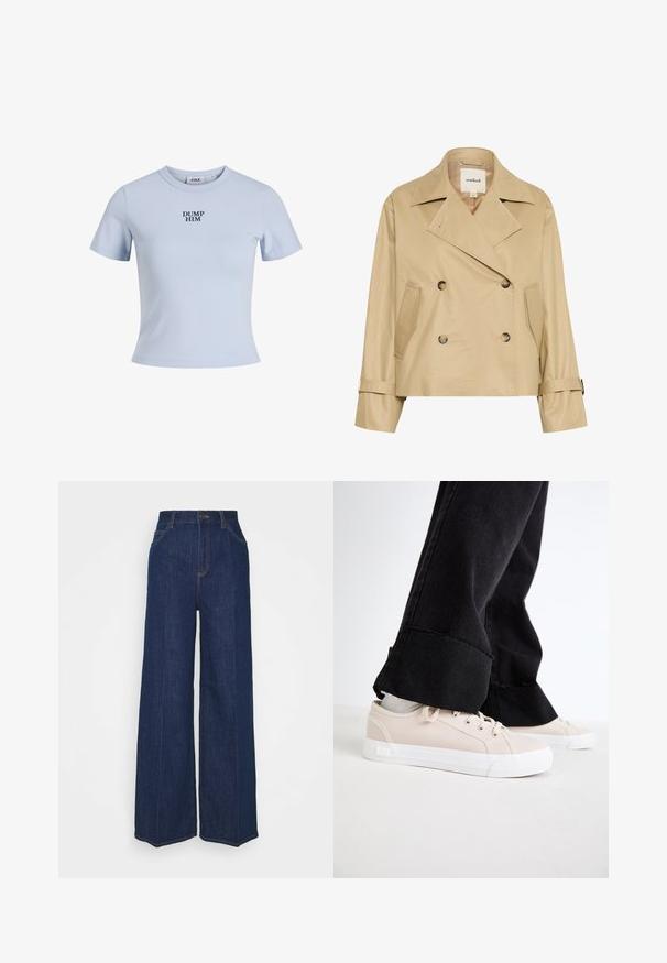 Karamelis krāsas dubultkrūšu mēteli no gludas, vieglas auduma. Pieejamas lielas atloks, sānu kabatas un regulējami aproces. Etiquette norāda "iedziļinājies".; Gaiši zils īsām piedurknēm T-krekls, kas izgatavots no mīksta auduma. Tam ir apaļa kakla izgriezuma forma, un uz tā ir drukāti vārdi "IZMETI VIŅU" biezā tumši zilā krāsā.; Augstas jostas līmeņa plaša kāju tumši zila džinsu bikses ar priekšējiem un aizmugurējiem kabatām, poga aizdare un redzami šuvju detaļas.; Gaiši beidzis kanvas kedas ar baltām gumijas zolēm, šņorēm un smalkām sānu detaļām, apvienotas ar melniem, nolietotiem platām kājām džinsiem.