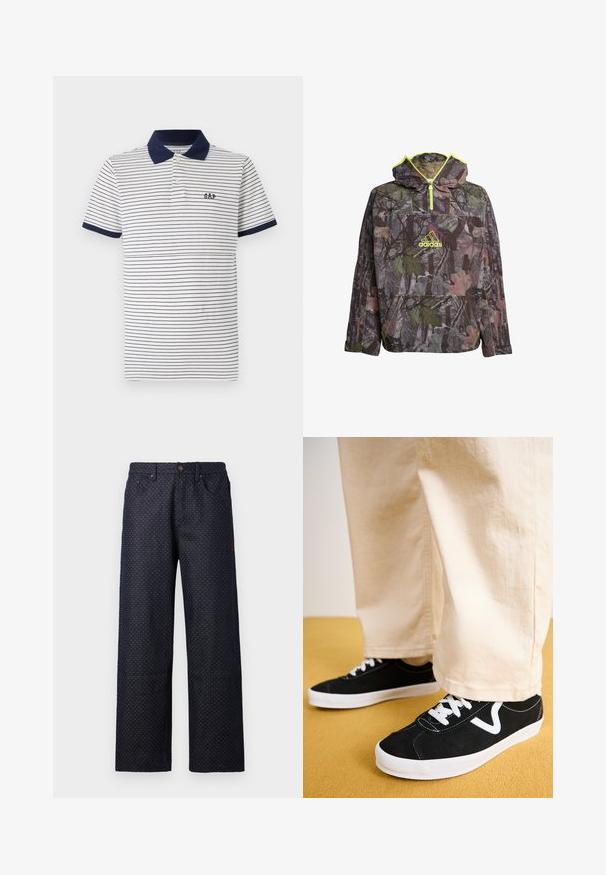 Maskáčová mikina v odtieňoch zelenej, hnedej a šedej s polo-zipsom, veľkou prednou kapsou a neonovo žltými akcentmi.; Biele polo tričko s námorníckymi pruhmi, s námorníckym golierom a námorníckymi manžetami, dvomi gombíkmi pri krku a malým námorníckym logom na hrudi.; Námořnické modré džíny volného střihu s malým bílým puntíkovým vzorem, pěti kapsami a zapínáním na knoflík v pase.; Čierne semišové tenisky s bielymi akcentmi a šnúrkami, s nízkym strihom a zaoblenou špičkou, nosené s béžovými širokými nohavicami.