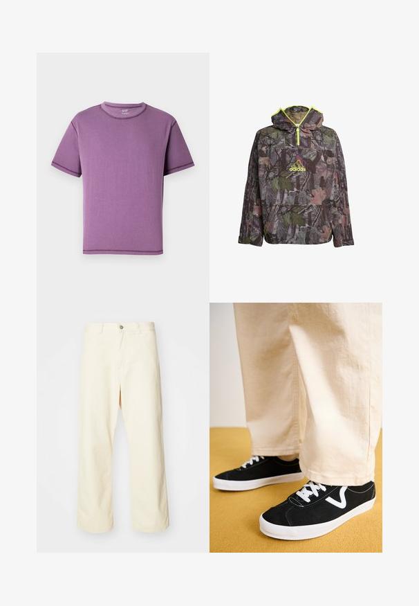 Kamikaze kapuce ar zaļiem, brūniem un pelēkiem toņiem, ceturtdaļas zips, liela kabata un neona dzeltenas akcenti.; Violet īsām piedurknēm T-krekls, kas izgatavots no mīkstas kokvilnas, ar apaļu kakla izgriezumu un kontrastējošiem šuvēm.; Kremkrāsas, platās kājas bikses no kokvilnas ar pogu aizdari, jostu cilpām un izšūtu malu. Gluda tekstūra, nav redzamu rakstu.; Melnas zamšādas sporta kurpes ar baltām akcentēm un auklām, ar zemu augstumu un apaļu purngalu, uzvilktas ar beigtajām platmala biksēm.