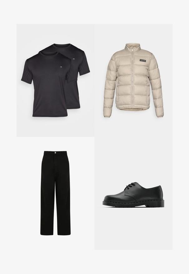 Šviesiai rudos spalvos siūlėta pūkinė striukė su visiškai užtraukiama priekiu, dviem užtrauktukais uždaromomis šoninėmis kišenėmis, stovinčiu apykakle ir Calvin Klein logotipu krūtinėje.; Du du juodų trumpomis rankovėmis marškinėlių, pagamintų iš lygios, lengvos medžiagos su apvaliu kaklu ir mažu baltu logotipu ant krūtinės.; Juodos plačios kelnės, pagamintos iš medvilnės. Yra priekinis mygtuko uždarymas, dvi šoninės kišenės ir laisvai nukritusi silueto dizainas.; Juodos odinės oksfordo bateliai su raištelių užsegimu, apvaliu pirštu, plokščiu guminiu padu ir subtiliu siuvimo akcentu viršuje.