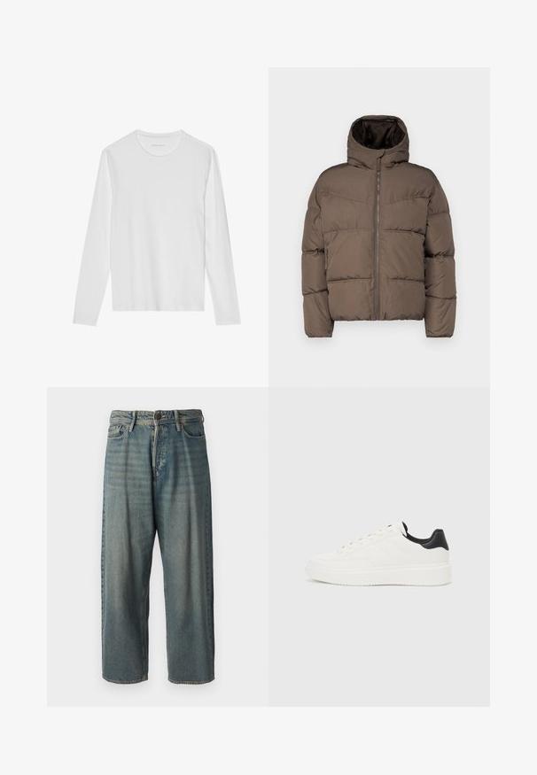Brown puffer jacket with a high collar, zip front, and side pockets; features quilted sections and a soft inner lining.; Long-sleeve white t-shirt made of soft cotton, featuring a round neckline and a smooth texture with no visible patterns or accents.; Light blue denim jeans with a loose fit, mid-rise waist, and straight legs. Features five pockets, belt loops, and a button closure.; White leather sneaker with embossed pattern, textured white midsole, and black heel accent. Features rounded toe and flat laces.