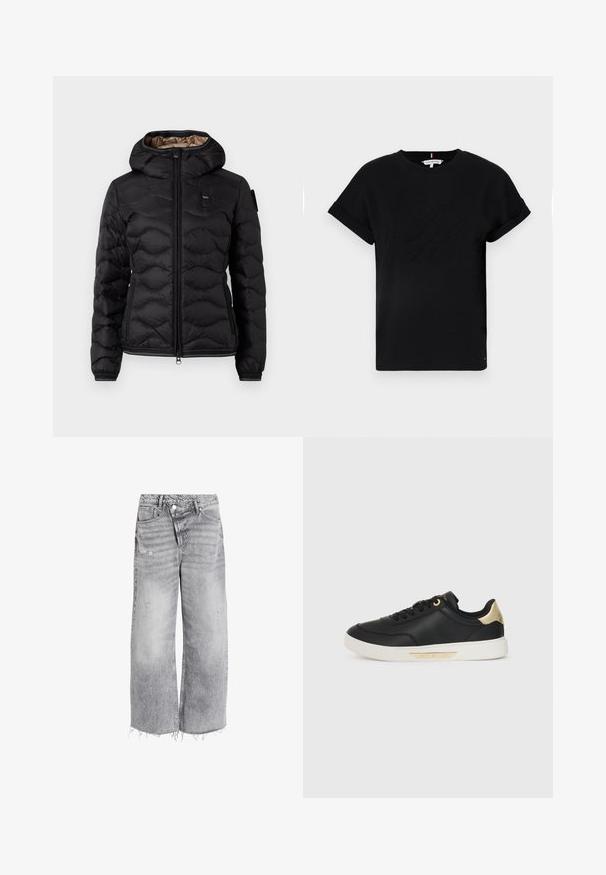 Czarna kurtka puchowa z kapturem, z zapięciem na zamek, pikowanym wykończeniem, elastycznymi mankietami oraz subtelnym logo na piersi. Podszewka w kolorze brązowym.; Czarna bawełniana koszulka z krótkimi, podwiniętymi rękawami, z wytłoczonym logo na środku i małym akcentem flagi z boku.; Jeans o wysokim stanie z szerokimi nogawkami w jasnoszarym denimu, z przetarciami i surowym dołem. Dwie przednie kieszenie i zapięcie na guzik.; Czarne skórzane sneakersy o gładkiej fakturze, biała gumowa podeszwa, złote akcenty na pięcie i oczkach sznurowadeł, z logo na boku.
