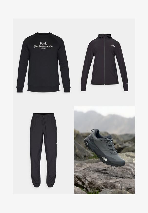 Casaco preto com fecho total e capuz. Apresenta mangas longas, dois bolsos laterais e detalhe do logo no peito e na manga. Tecido leve.; Peak Performance ORIGINAL CREW-BLACK-OFFWHITE - Camisola - black/offwhite; Calças atléticas pretas feitas de tecido leve, com um cós ajustável por cordão, bolsos laterais e punhos afunilados nos tornozelos.; Sapatilha de corrida em trilhos cinza com um cabedal texturizado, sola de borracha durável e ponteira reforçada. Apresenta atacadores e o logótipo da marca de lado.