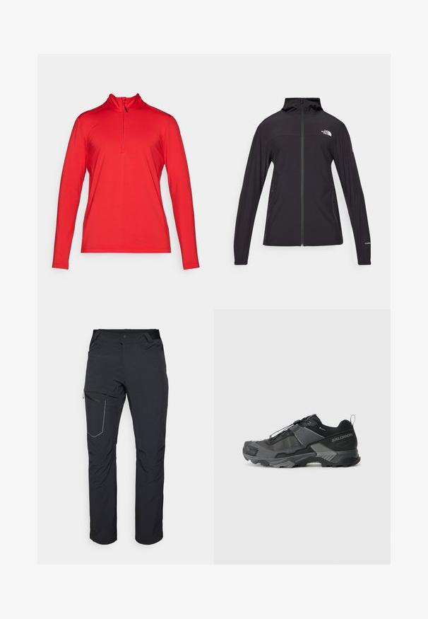 Sort, fuld-zip jakke med hætte. Har lange ærmer, to sidelommer og logo-detalje på brystet og ærmet. Letvægtigt stof.; Rød langærmet sportstrøje med en kvart lynlås, lavet af letvægtsmateriale, med høj krave og flade sømme for komfort.; Svarte udendørs bukser med en lynlåslomme på låret, elastisk talje og glat, vandafvisende stof. Rent design uden synlige logoer.; Sort trail løbesko med en holdbar mesh-overdel, forstærket tåhætte, tekstureret gummisål og elastisk snøresystem for sikker pasform.